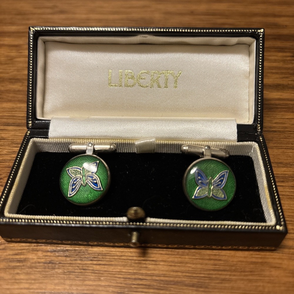 Liberty‎ Of London Green Enamel Butterfly Sterling Silver Cufflinks Vintage 925